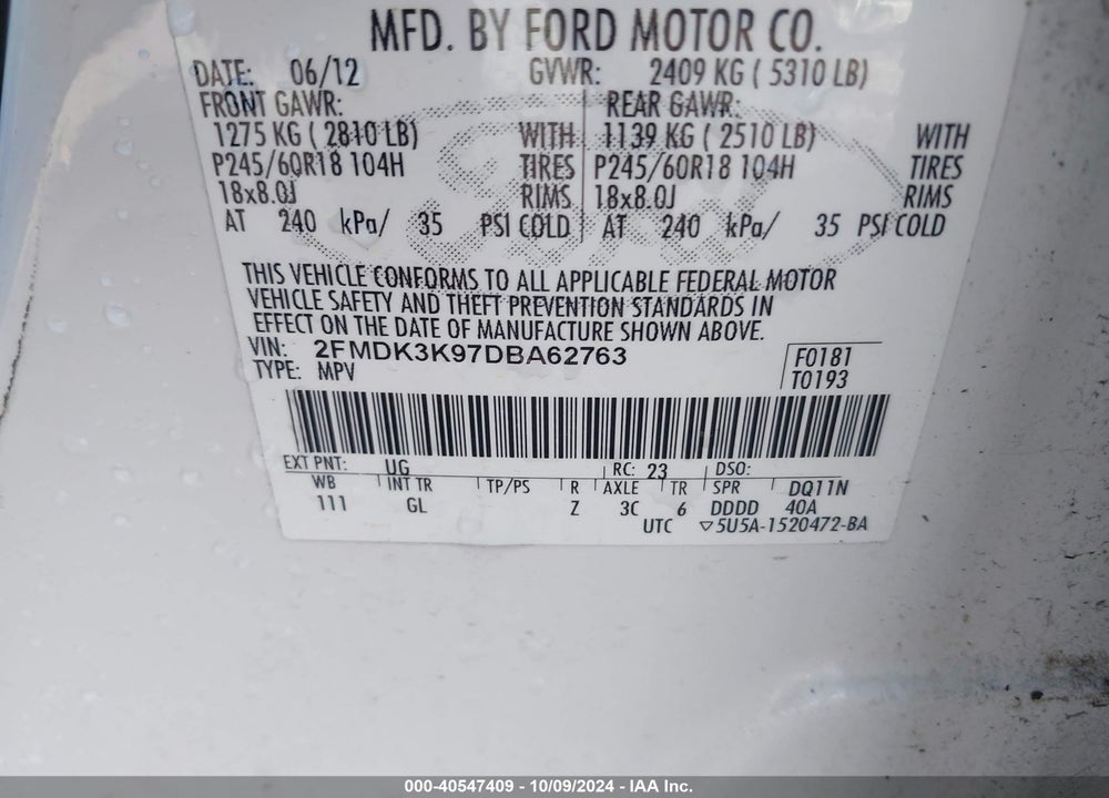 2013 FORD EDGE LIMITED VIN: 2FMDK3K97DBA62763