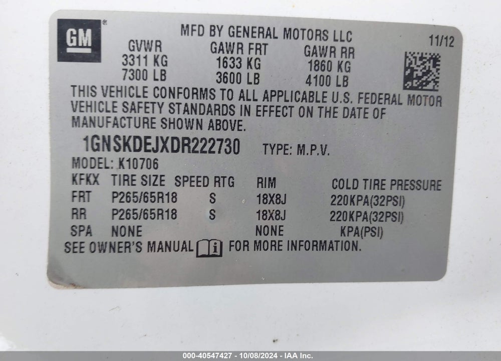 2013 CHEVROLET TAHOE HYBRID VIN: 1GNSKDEJXDR222730