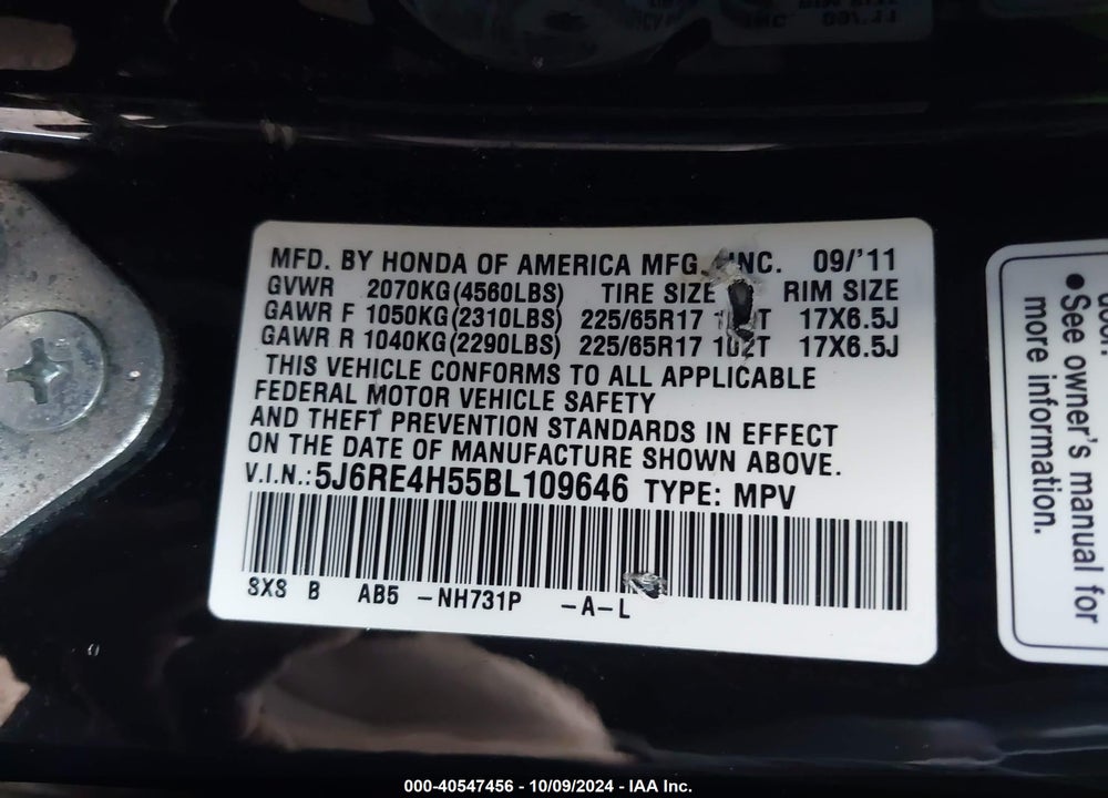 2011 HONDA CR-V EX VIN: 5J6RE4H55BL109646
