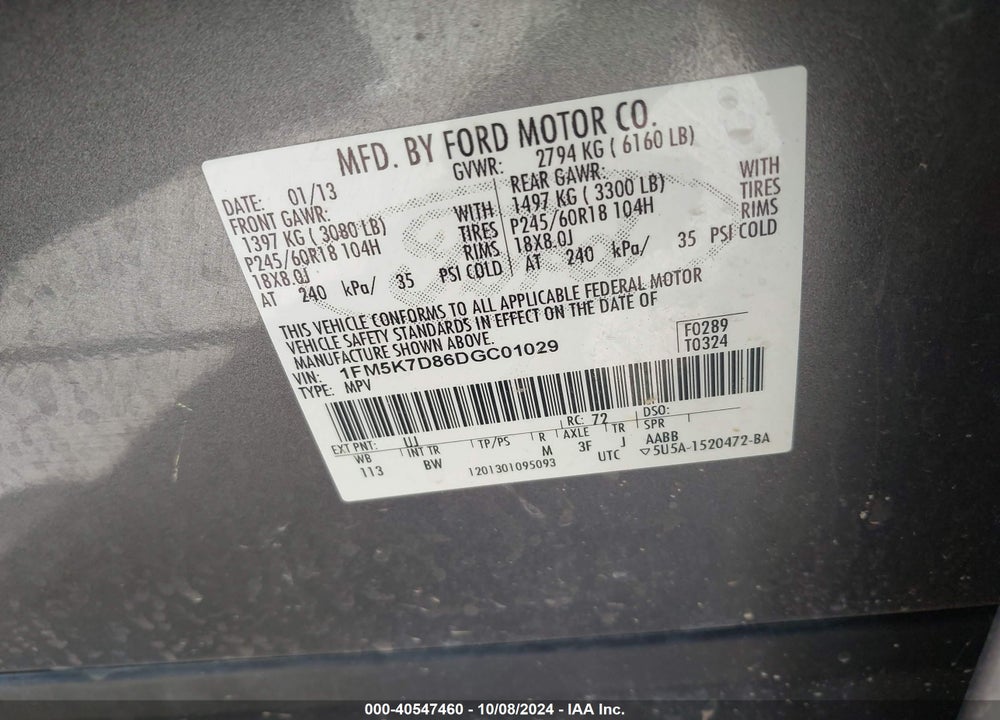 2013 FORD EXPLORER XLT VIN: 1FM5K7D86DGC01029