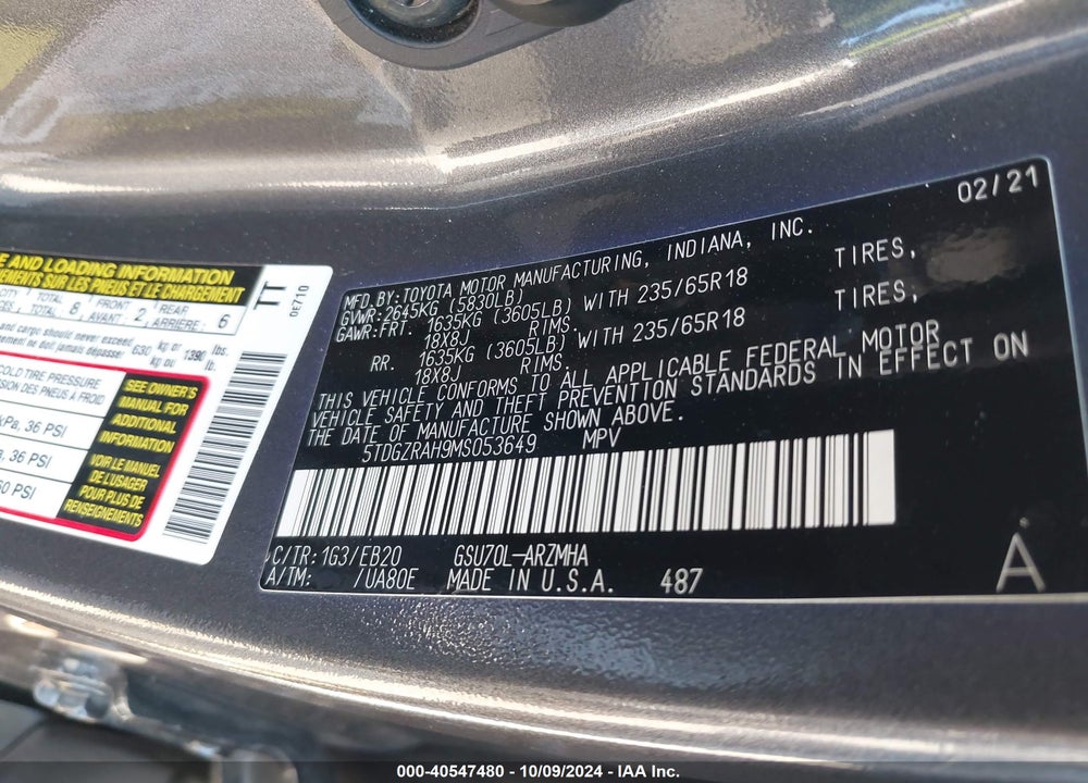 2021 TOYOTA HIGHLANDER VIN: 5TDGZRAH9MS053649