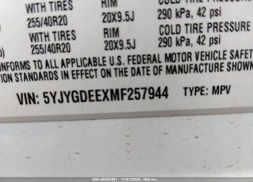2021 TESLA MODEL Y VIN: 5YJYGDEEXMF257944