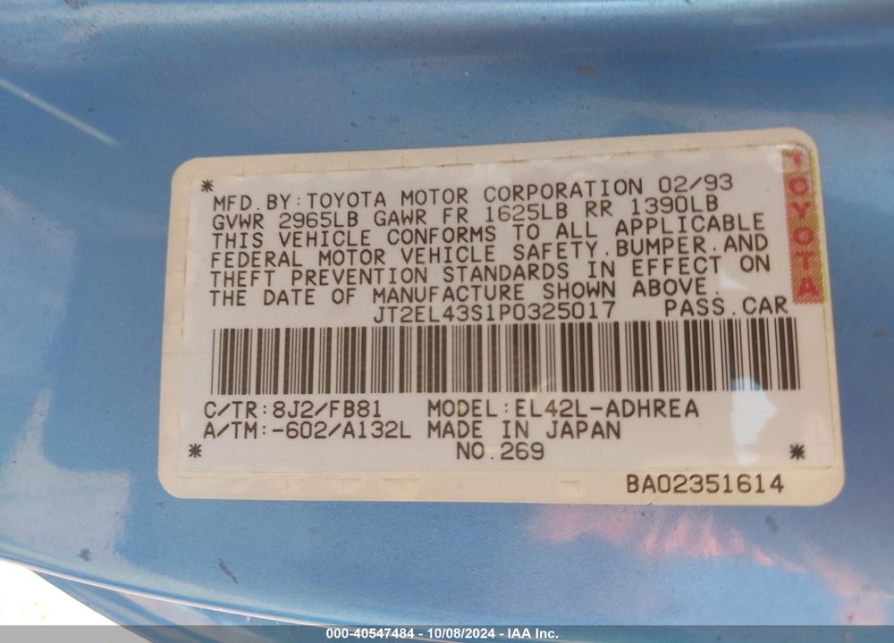 1993 TOYOTA TERCEL DX VIN: JT2EL43S1P0325017
