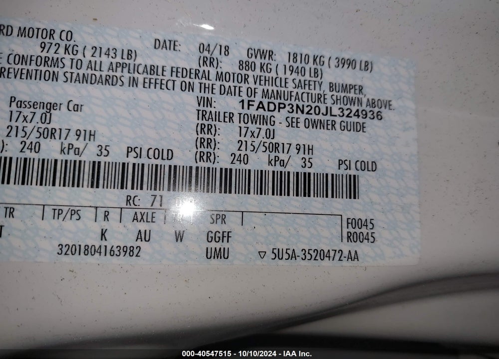2018 FORD FOCUS TITANIUM VIN: 1FADP3N20JL324936