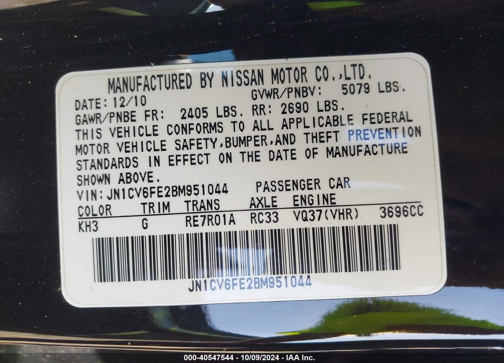 2011 INFINITI G37 VIN: JN1CV6FE2BM951044