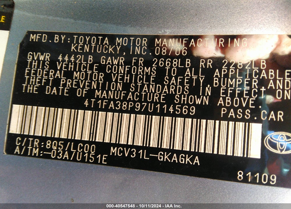 2007 TOYOTA CAMRY SOLARA SLE VIN: 4T1FA38P97U114569