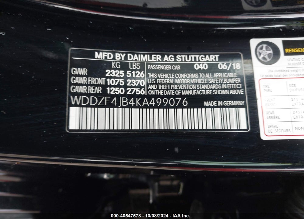 2019 MERCEDES-BENZ E 300 VIN: WDDZF4JB4KA499076