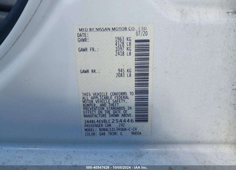 2020 NISSAN ALTIMA SL FWD VIN: 1N4BL4EV8LC254446