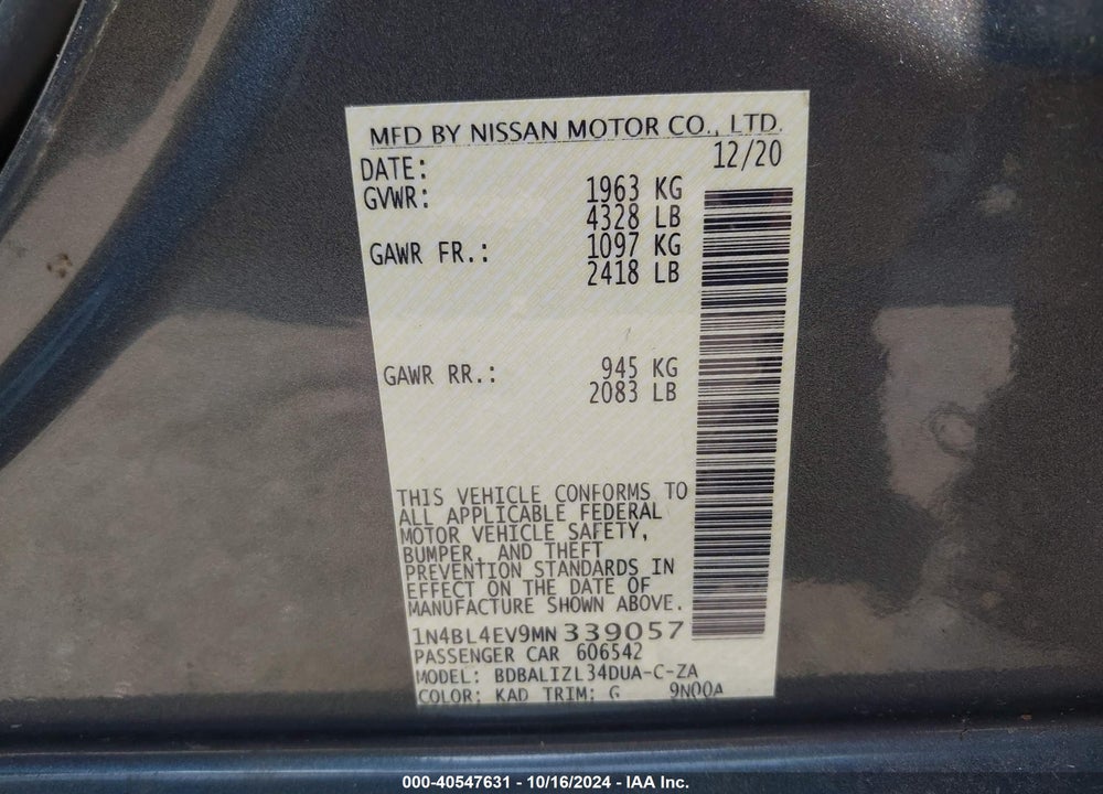 2021 NISSAN ALTIMA SL FWD VIN: 1N4BL4EV9MN339057