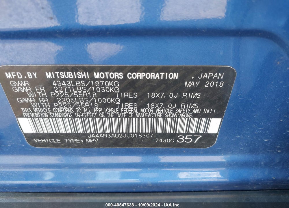 2018 MITSUBISHI OUTLANDER SPORT 2.0 ES/2.0 LE VIN: JA4AR3AU2JU018307