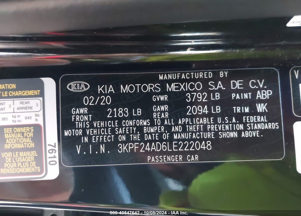 2020 KIA FORTE VIN: 3KPF24AD6LE222048