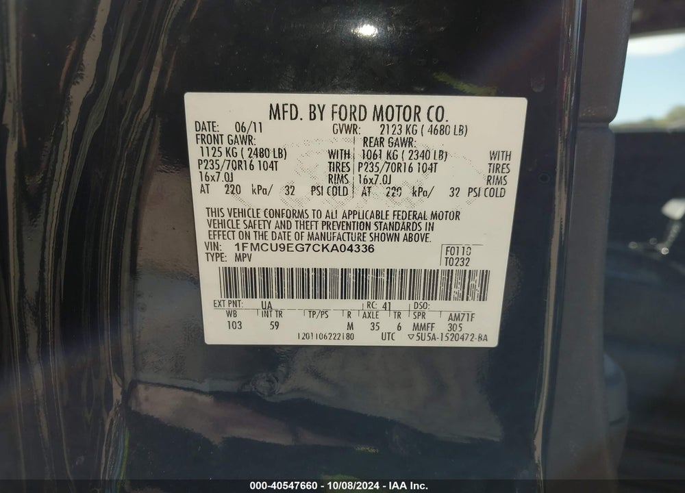 2012 FORD ESCAPE LIMITED VIN: 1FMCU9EG7CKA04336