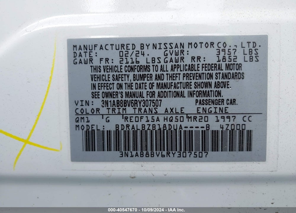 2024 NISSAN SENTRA S XTRONIC CVT VIN: 3N1AB8BV6RY307507