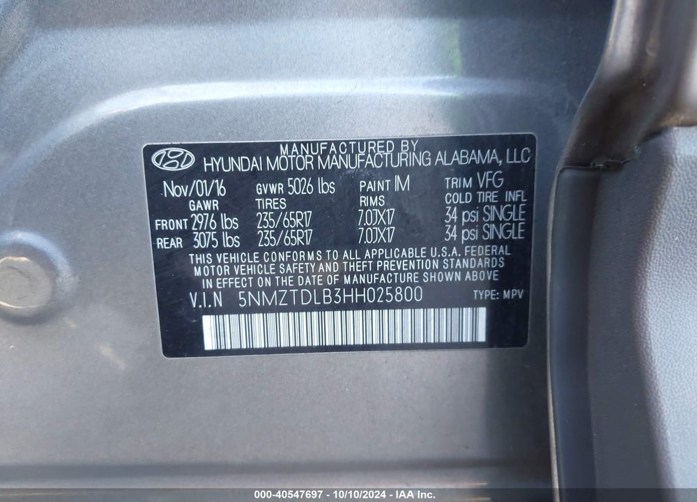 2017 HYUNDAI SANTA FE SPORT 2.4L VIN: 5NMZTDLB3HH025800