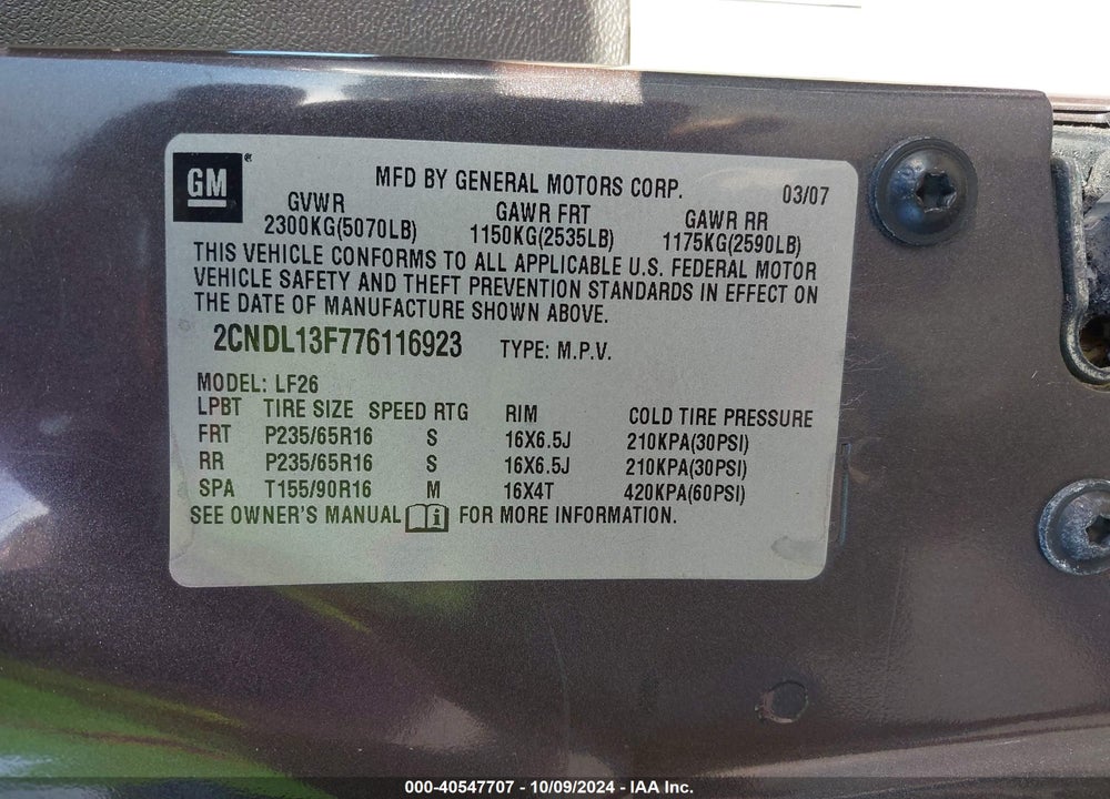 2007 CHEVROLET EQUINOX LS VIN: 2CNDL13F776116923