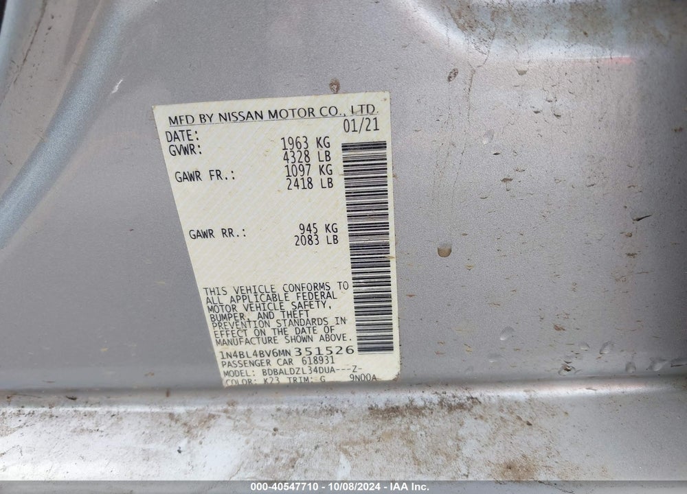2021 NISSAN ALTIMA VIN: 1N4BL4BV6MN351526