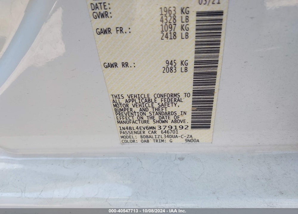 2021 NISSAN ALTIMA VIN: 1N4BL4EV6MN379192