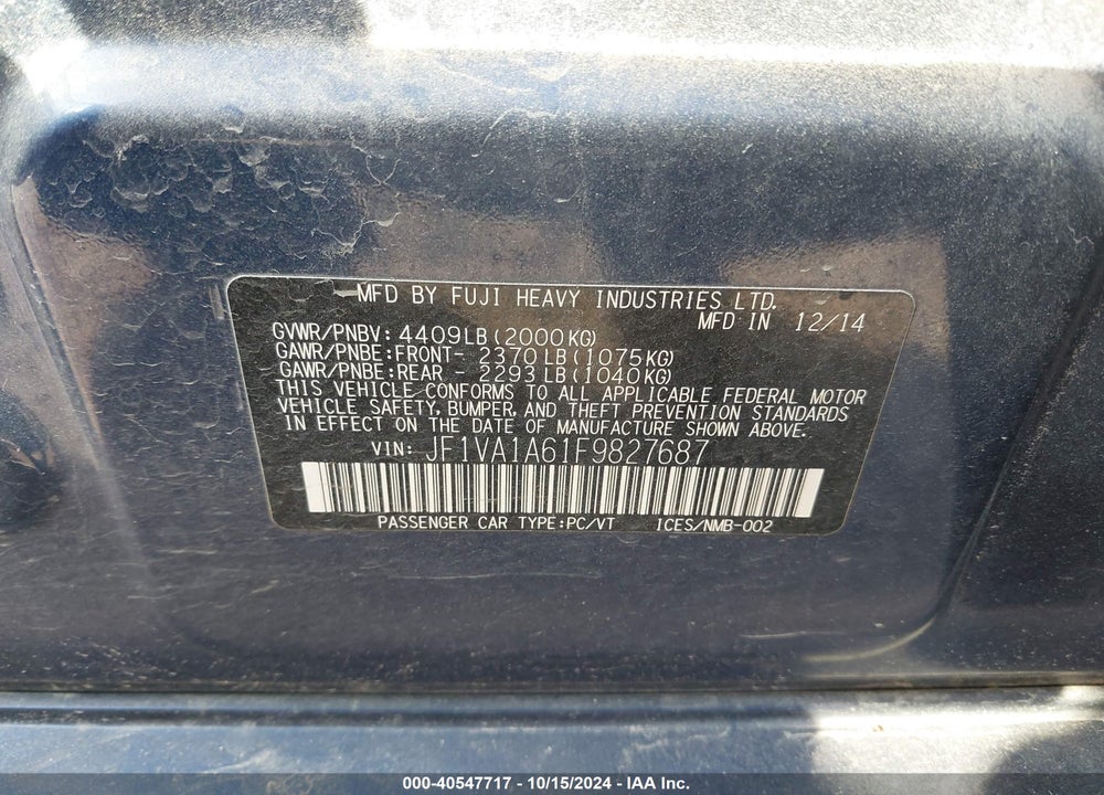 2015 SUBARU WRX VIN: JF1VA1A61F9827687