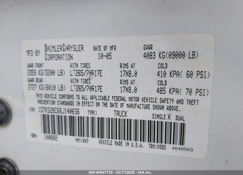 2006 DODGE RAM 2500 VIN: 1D7KS28C66J140656