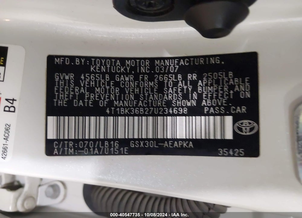 2007 TOYOTA AVALON LIMITED VIN: 4T1BK36B27U234698