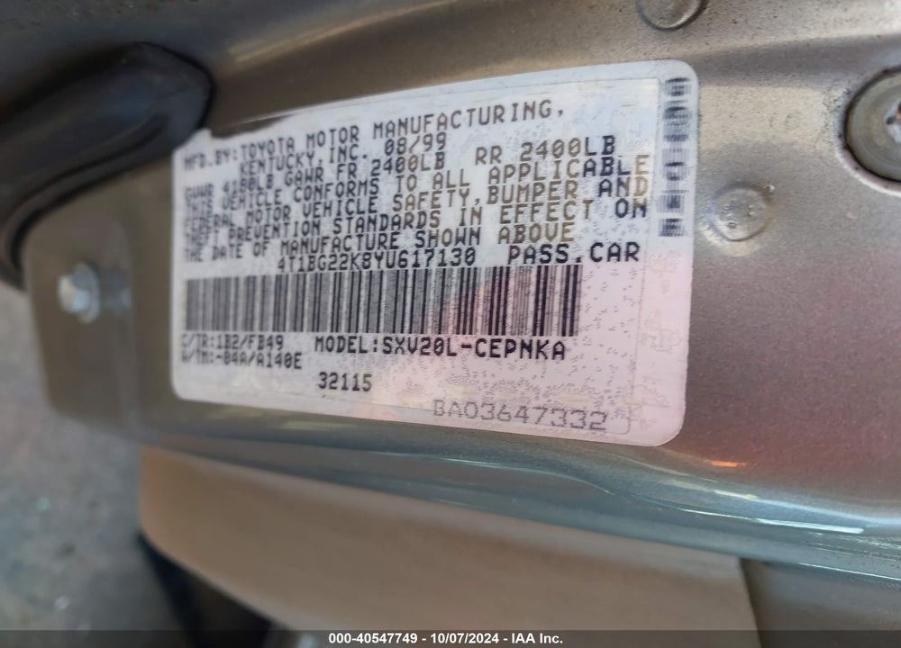 2000 TOYOTA CAMRY LE VIN: 4T1BG22K8YU617130