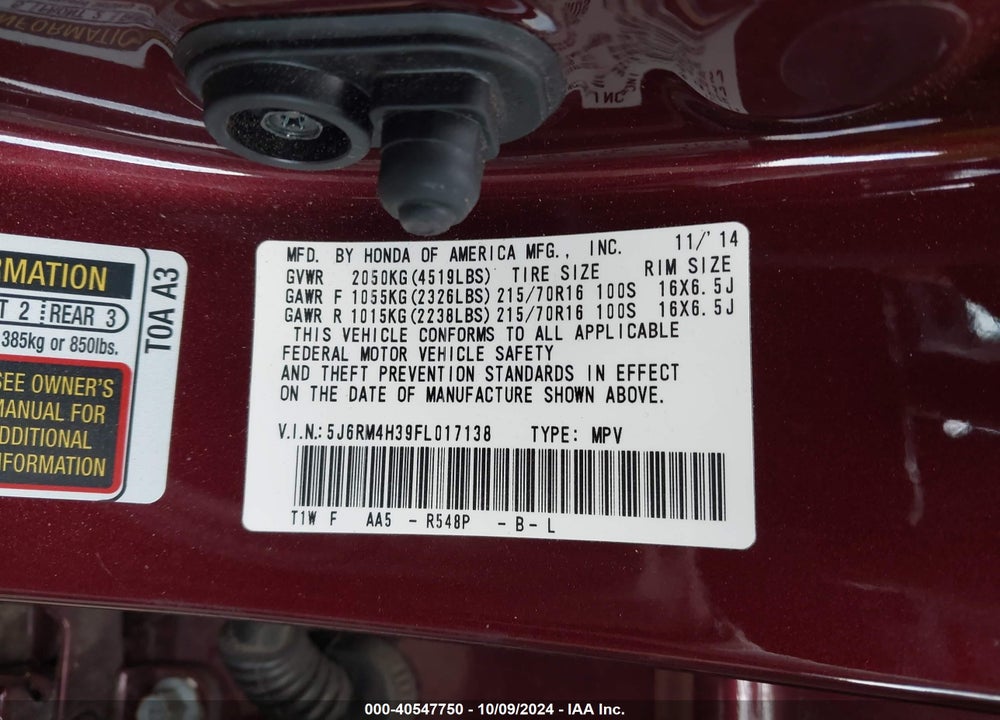 2015 HONDA CR-V LX VIN: 5J6RM4H39FL017138