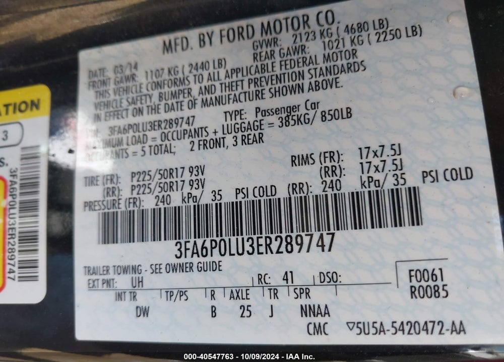 2014 FORD FUSION HYBRID SE VIN: 3FA6P0LU3ER289747