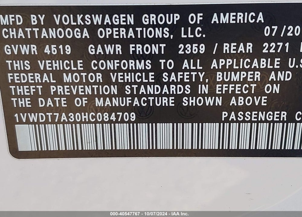 2017 VOLKSWAGEN PASSAT 1.8T R-LINE VIN: 1VWDT7A30HC084709