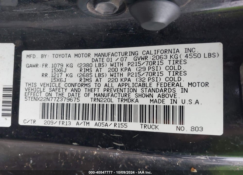 2007 TOYOTA TACOMA VIN: 5TENX22N77Z379675