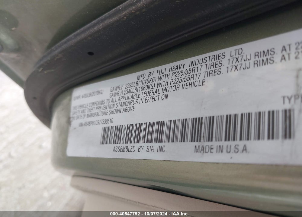 2002 SUBARU OUTBACK LIMITED VIN: 4S3BH686827630050