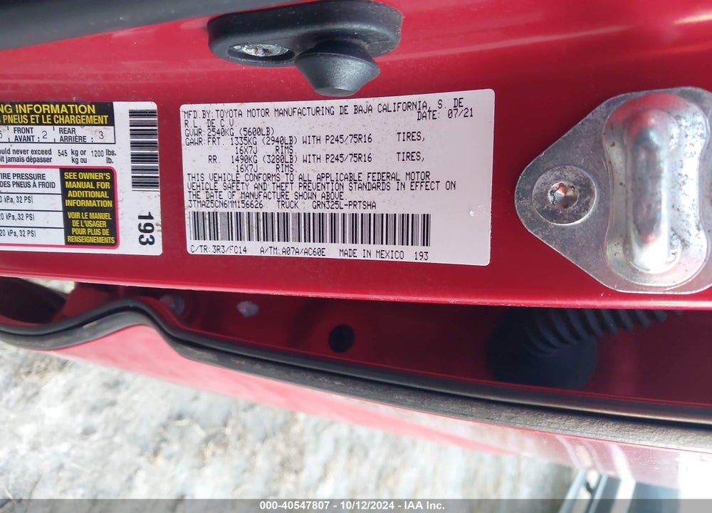 2021 TOYOTA TACOMA SR5 V6 VIN: 3TMAZ5CN6MM156626
