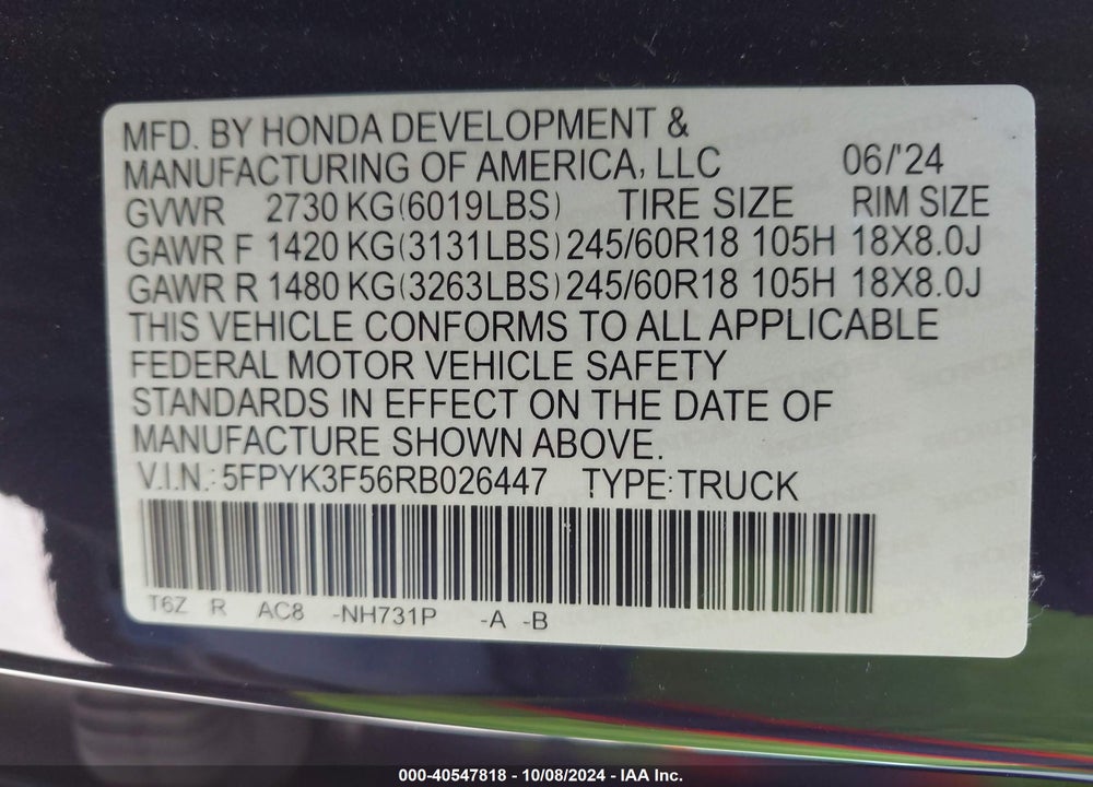 2024 HONDA RIDGELINE RTL VIN: 5FPYK3F56RB026447