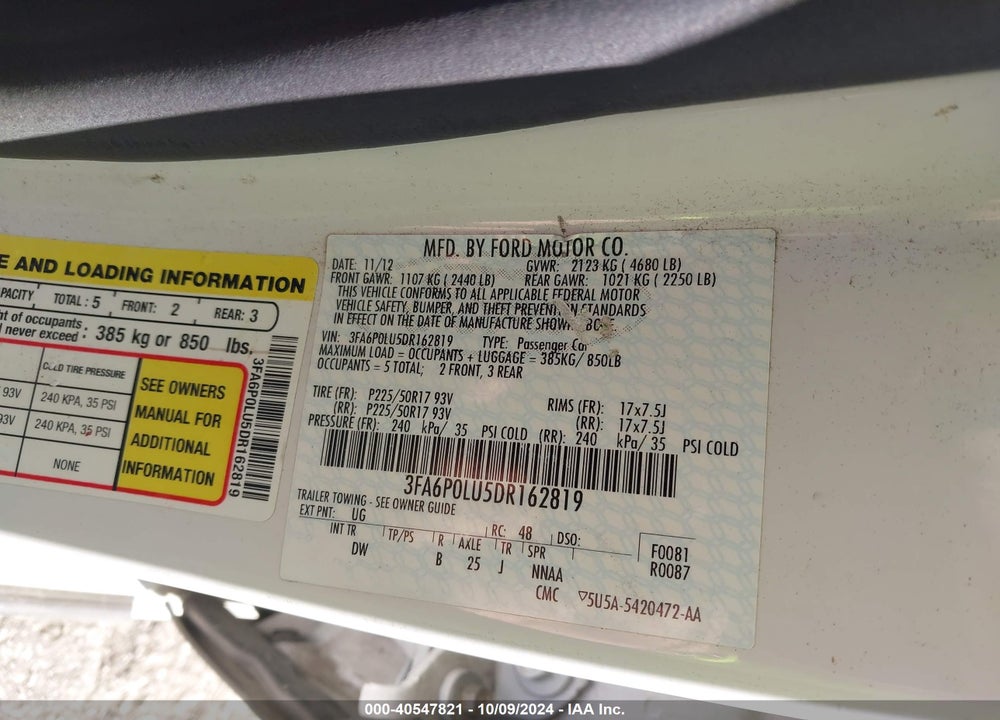 2013 FORD FUSION HYBRID SE VIN: 3FA6P0LU5DR162819