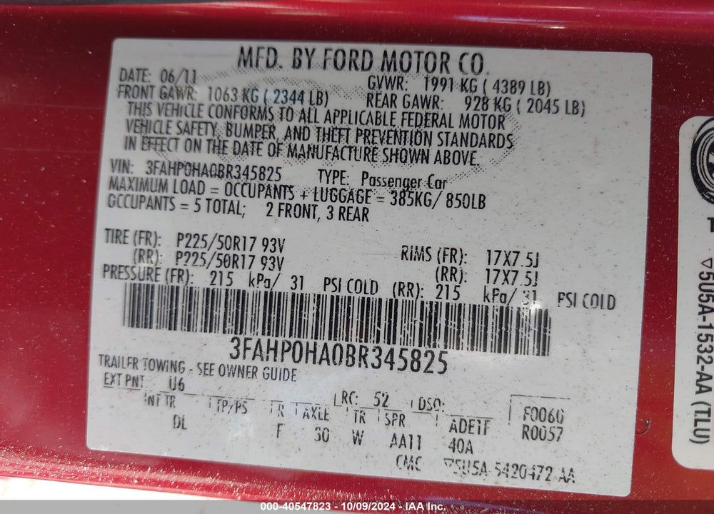 2011 FORD FUSION SE VIN: 3FAHP0HA0BR345825
