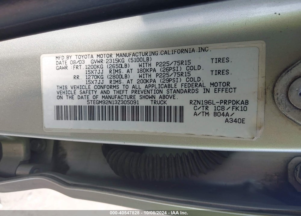 2003 TOYOTA TACOMA PRERUNNER VIN: 5TEGM92N13Z305091