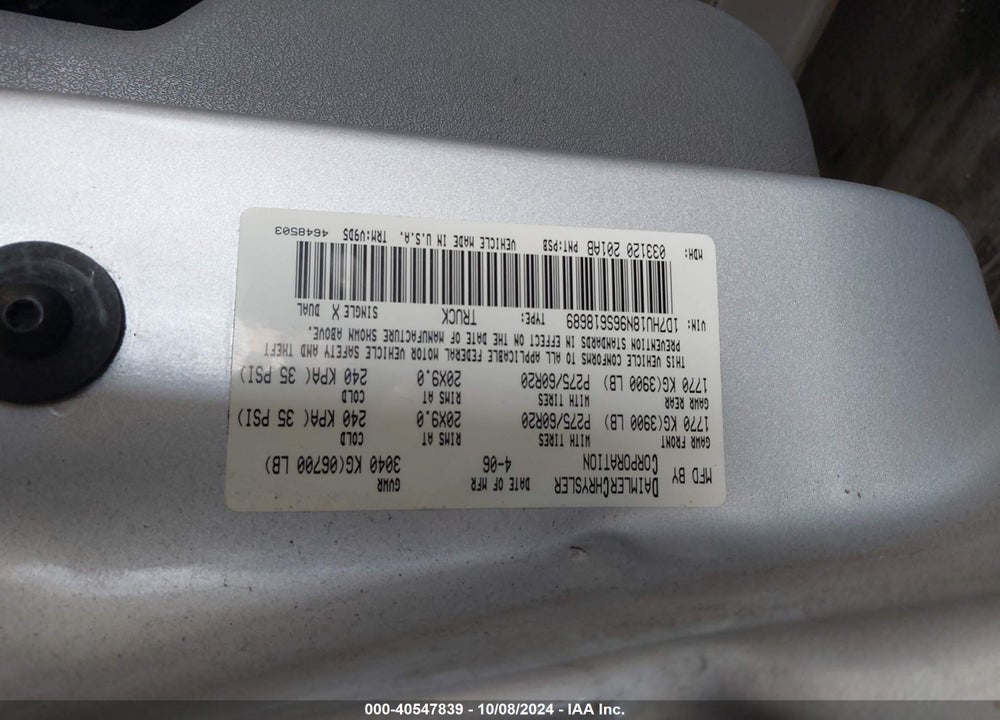 2006 DODGE RAM 1500 SLT/TRX4 OFF ROAD/SPORT VIN: 1D7HU18N96S618689