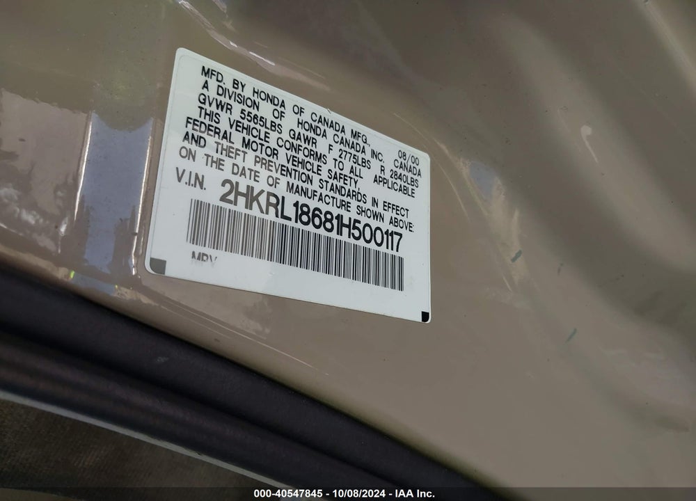 2001 HONDA ODYSSEY EX VIN: 2HKRL18681H500117