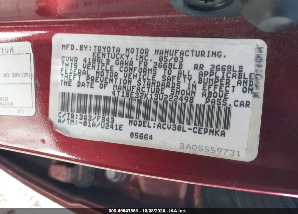 2003 TOYOTA CAMRY LE VIN: 4T1BE32K13U222498