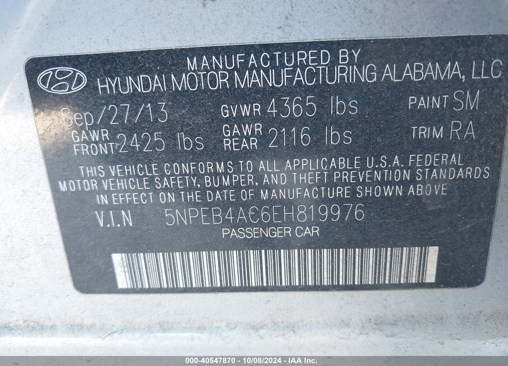 2014 HYUNDAI SONATA GLS VIN: 5NPEB4AC6EH819976