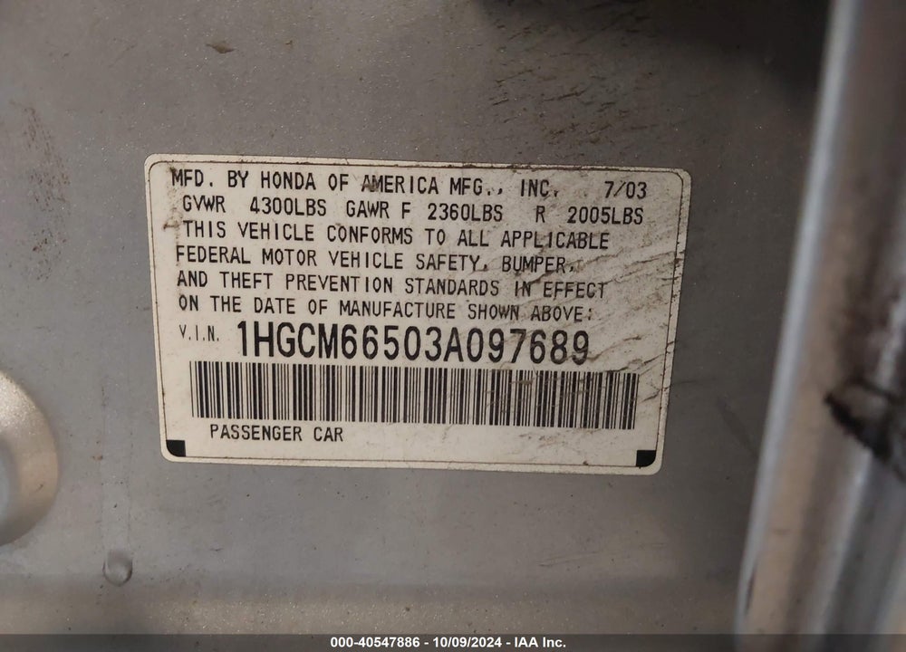 2003 HONDA ACCORD 3.0 EX VIN: 1HGCM66503A097689
