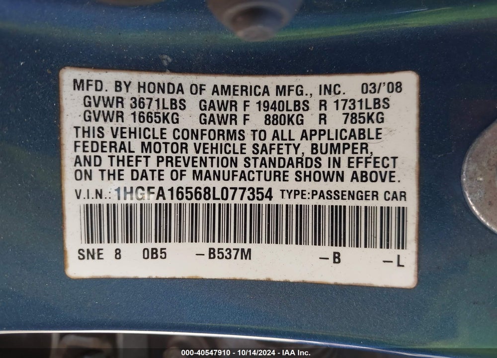 2008 HONDA CIVIC LX VIN: 1HGFA16568L077354