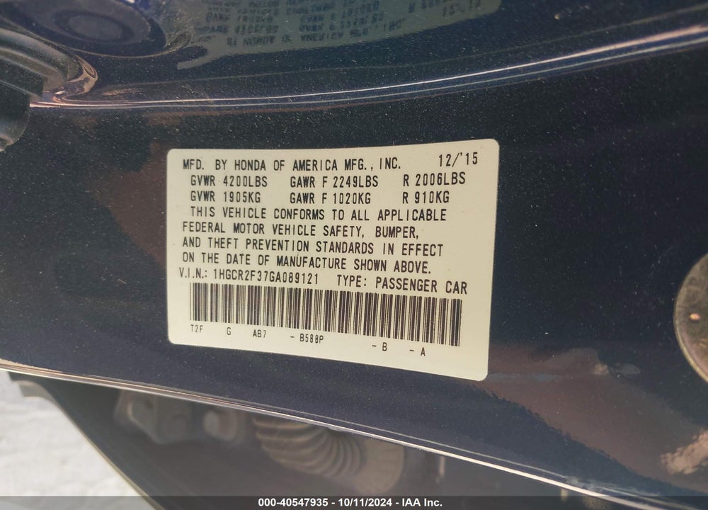 2016 HONDA ACCORD LX VIN: 1HGCR2F37GA089121
