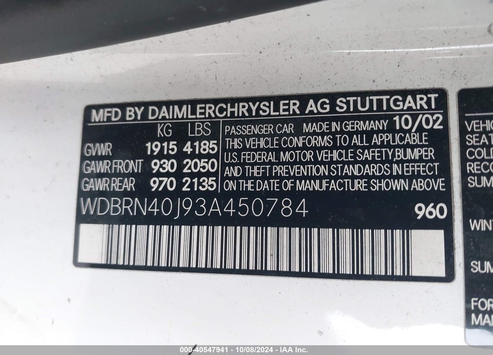 2003 MERCEDES-BENZ C 230 KOMPRESSOR SPORT VIN: WDBRN40J93A450784