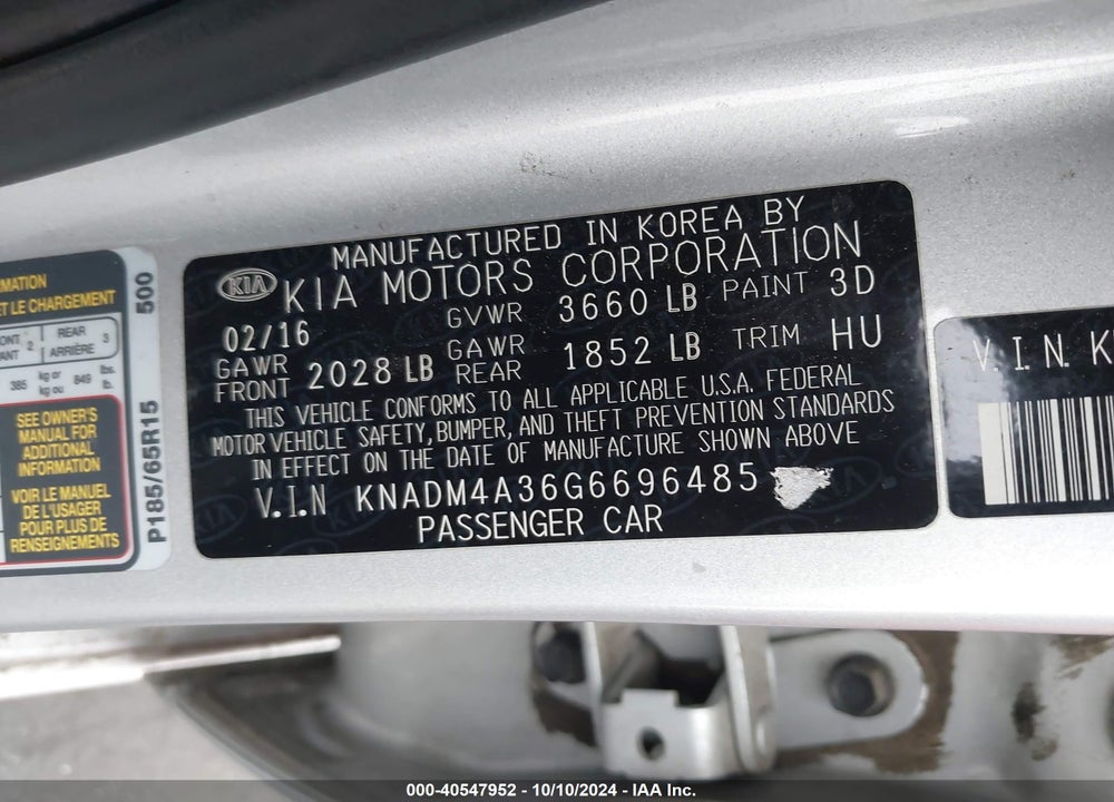 2016 KIA RIO LX VIN: KNADM4A36G6696485