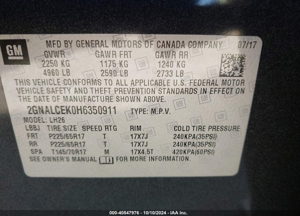 2017 CHEVROLET EQUINOX LT VIN: 2GNALCEK0H6350911