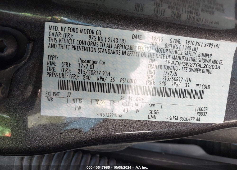 2016 FORD FOCUS TITANIUM VIN: 1FADP3N27GL262038