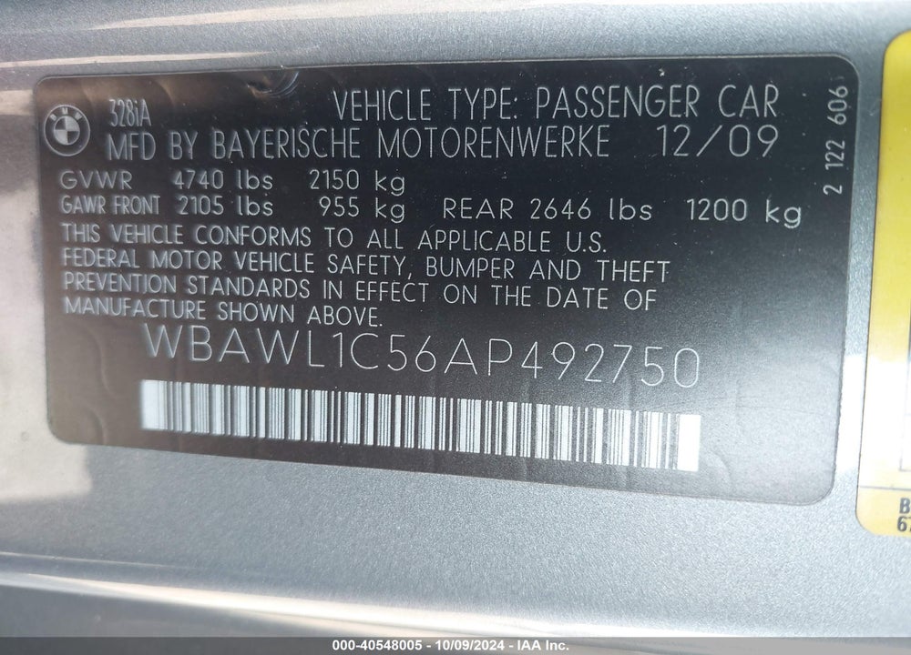 2010 BMW 328I VIN: WBAWL1C56AP492750