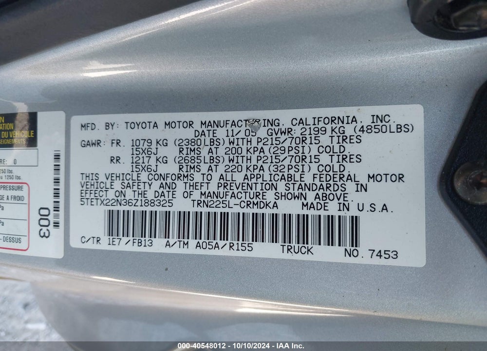 2006 TOYOTA TACOMA VIN: 5TETX22N36Z188325
