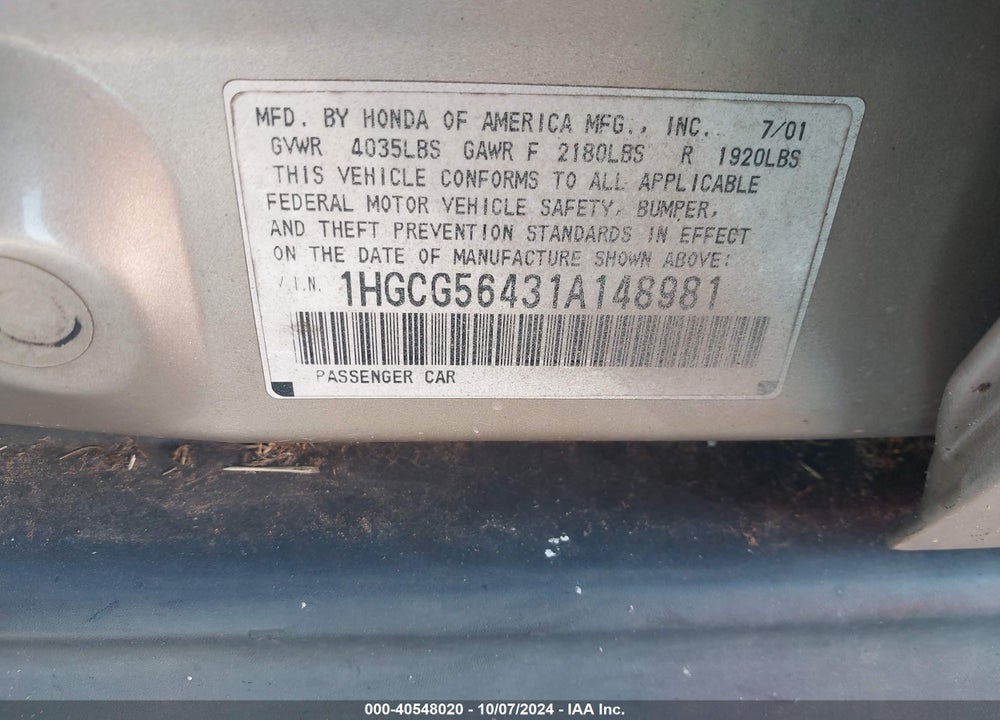 2001 HONDA ACCORD 2.3 LX VIN: 1HGCG56431A148981