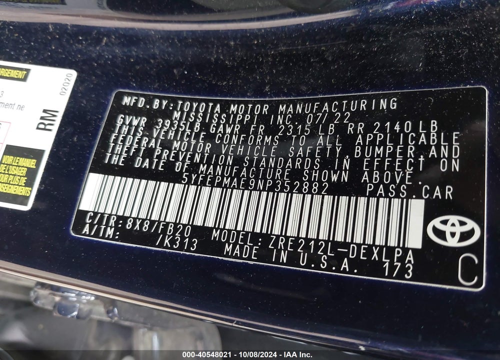 2022 TOYOTA COROLLA LE VIN: 5YFEPMAE9NP352882
